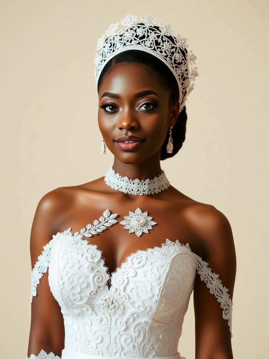 The lace made into a bridal ensemble, worn by a model